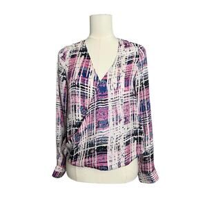 Under Skies Blouse Womens 8 Pink Geometric Surplice V Neck Long Sleeve Top